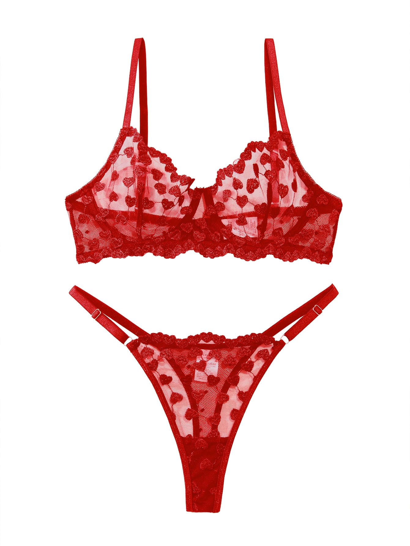 View 1 of ***TWO PCS ON THE BAG****Lilosy Sexy Leaf Floral Embroidered Mesh Sheer Women Underwire Push Up Lingerie Set See Through Cute Bra Panty 2 Piece Heart Red Large