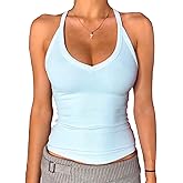 Danysu V Neck Racer Back Tank Top for Women Padded Ribbed Long Tank Fitted Basic Cami Tops