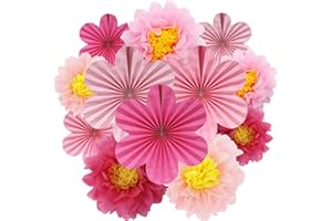 BestoFun 12PCS Paper Flowers Fans Hot Pink Party Decorations Tissue Paper Flowers Decorations for Girl Groovy Birthday Baby S