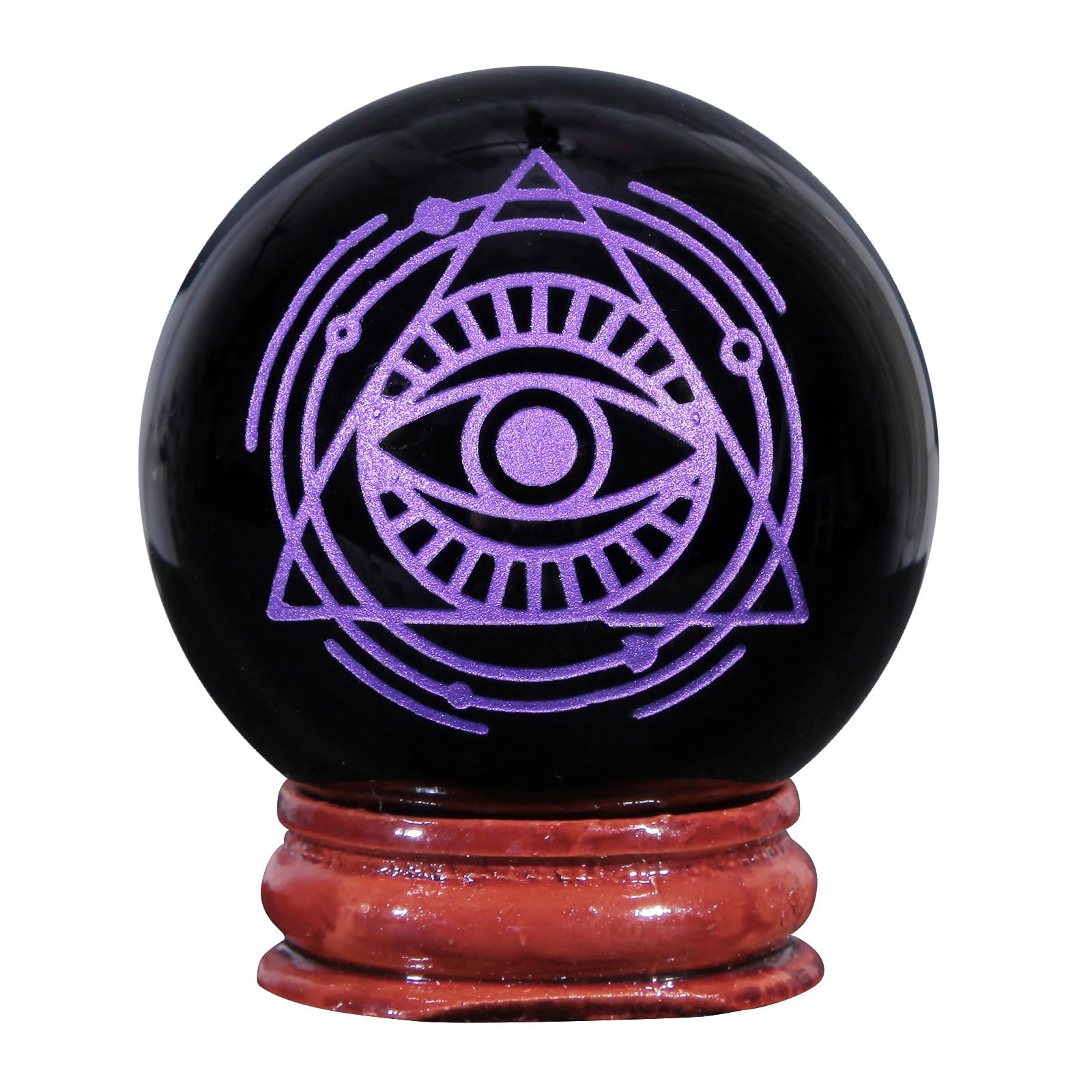 Nupuyai 1.9" Engraved Symbol Obsidian Crystal Ball with Stand, Polished Feng Shui Crystal Sphere Stone Ornament Home Office Decor, Eye of Providence, Purple