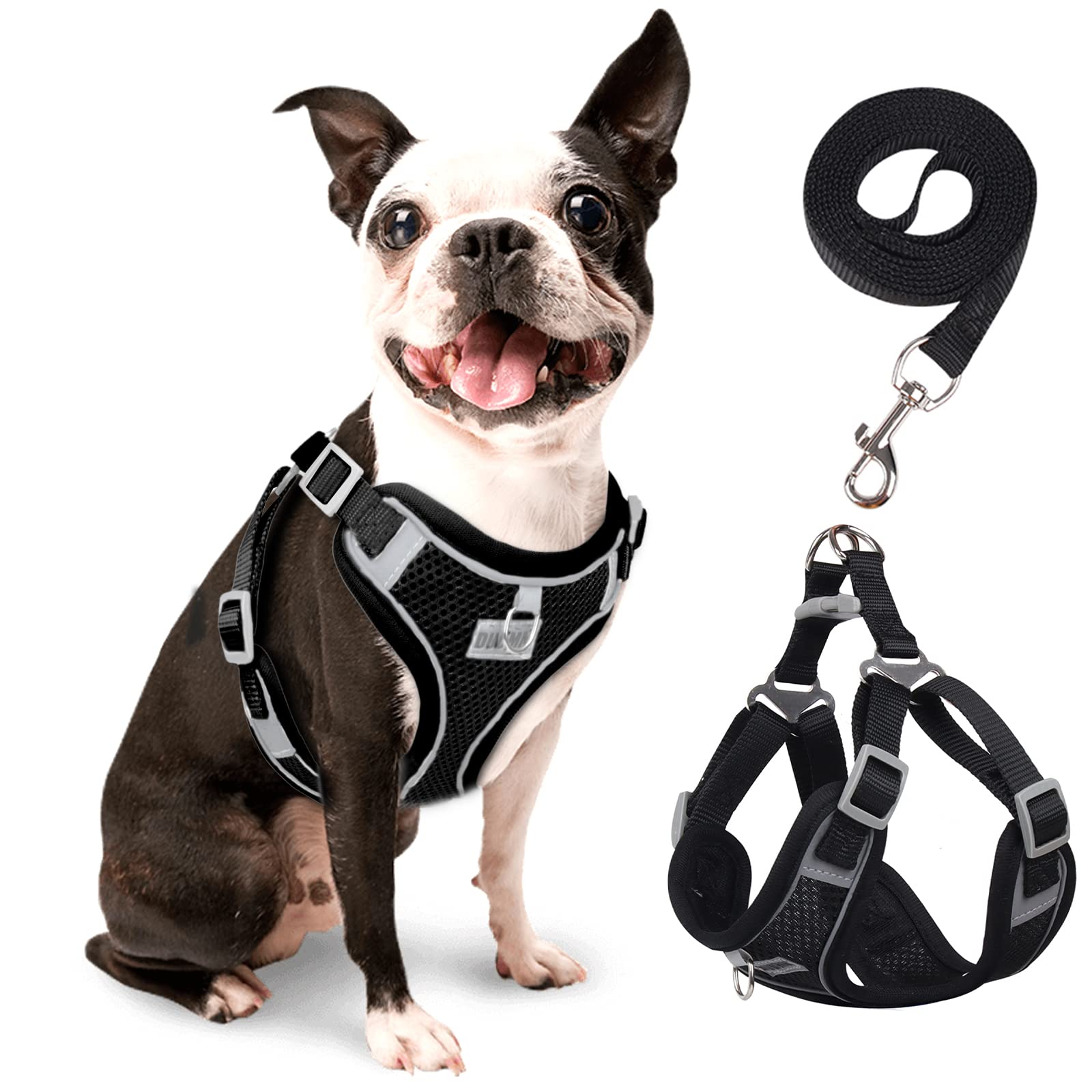 rennaio Dog Harness No Pull, Adjustable Puppy Harness with 2 Lead Clips, Ultra Breathable Padded Dog Vest Harness, Reflective Dog Harness and Lead Set for Small and Medium Dogs (Black, M)