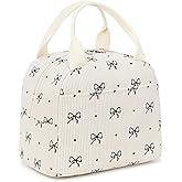 EurCross Cute Bow Tie Lunch Bag for Girls, Ivory Corduroy Insulated Lunch Bag for Two-Meal Space Perfect for School Days, Commuting, fits Bento Boxes, Round Containers, Designer Lunchboxes