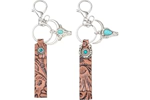 HUAAPLEVLA 2Pcs Western Keychain for Women Men Turquoise Vintage Embossed Cowhide Keychain Cowgirl Cowboy Country Key Chains 