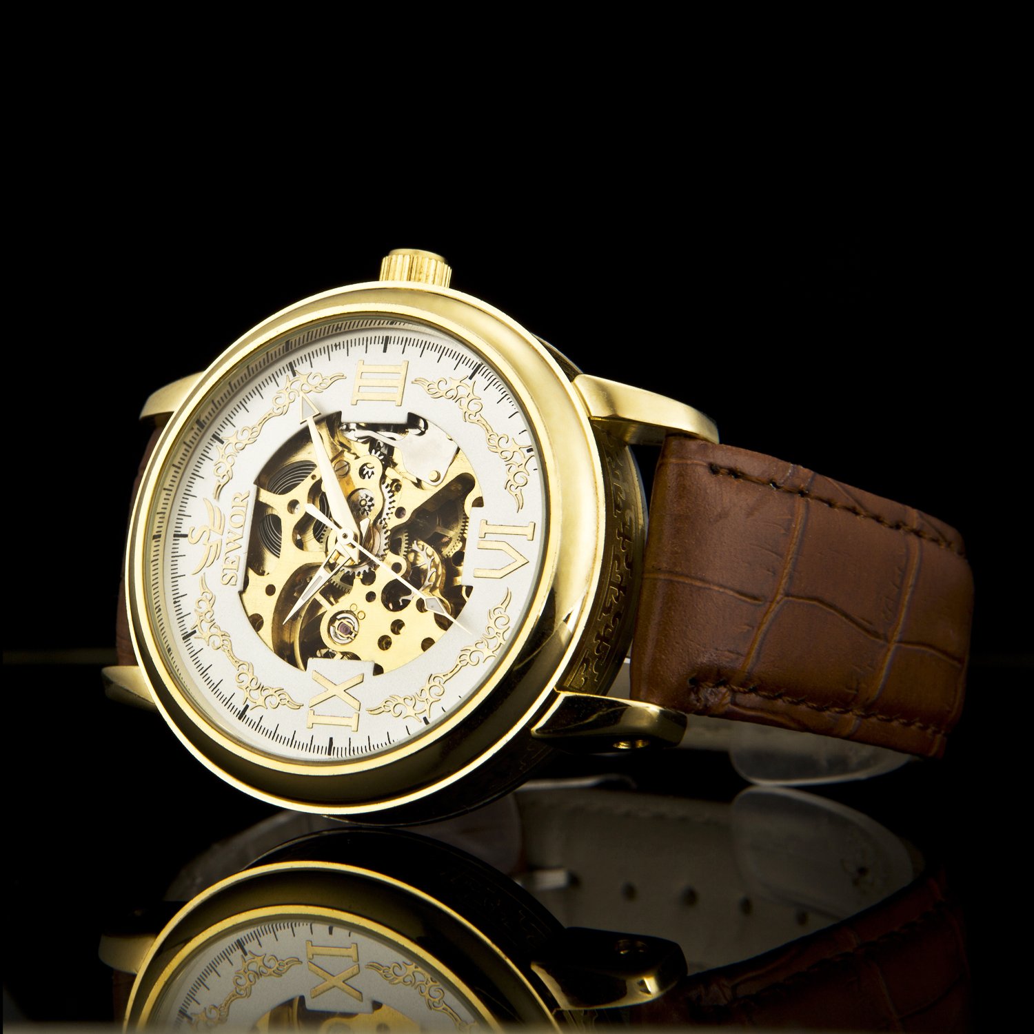 SEWOR Crusader Orologio da polso meccanico con scheletro trasparente a mano da uomo con cassa in pelle marrone e oro (Oro & Bianco)