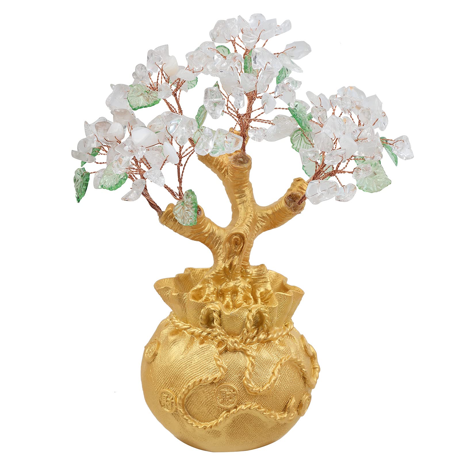 mookaitedecor Rock Crystal Money Tree with Golden Money Bag Base, Chakra Reiki Healing Stone Feng Shui Bonsai Tree for Wealth Luck Office Home Decor