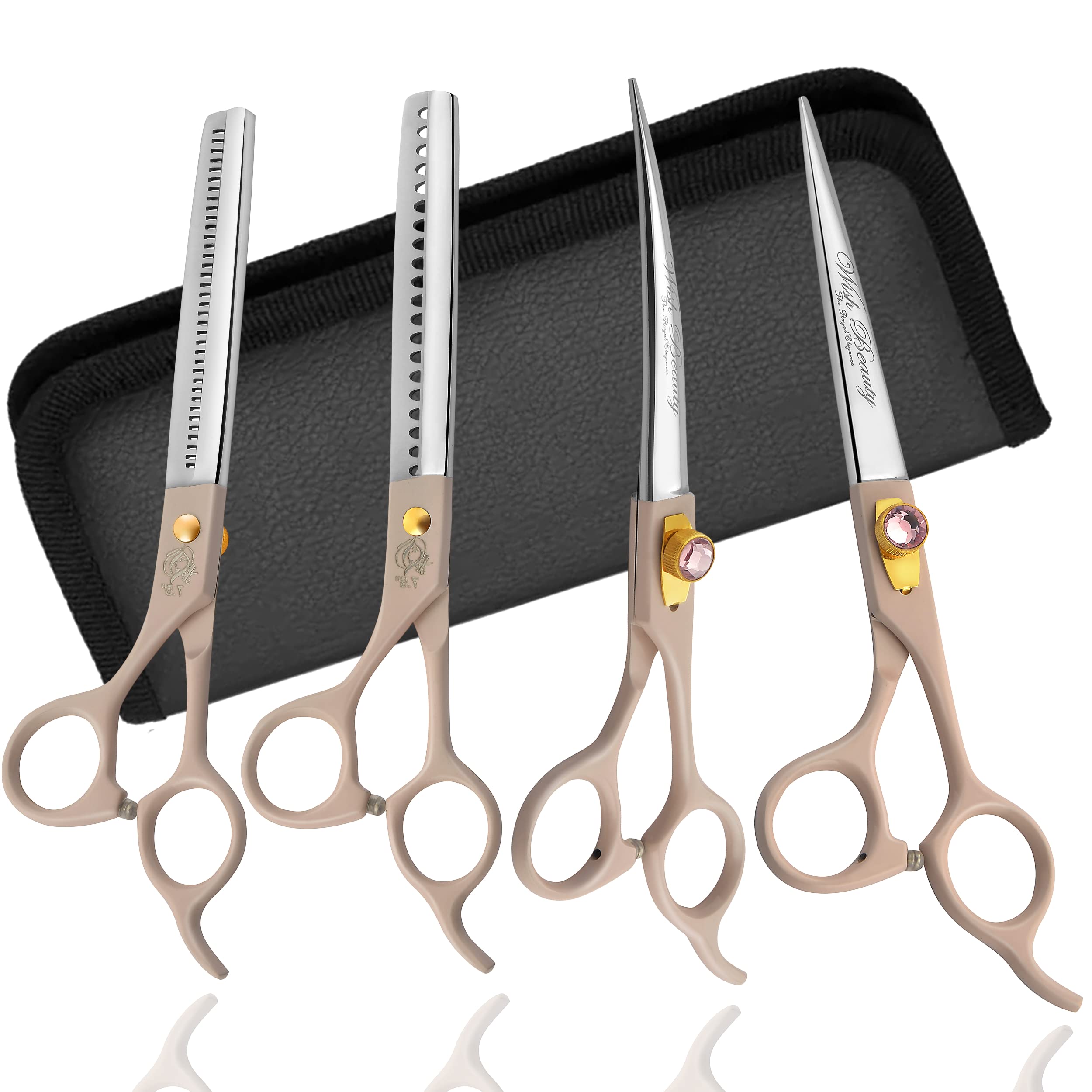 Wishbeauty - 7.5 Inches Professional Pet Grooming Scissors Set, 440C Japanese Steel Straight & Curved & Thinning & Chunker Shears/Scissors Kit for Dog Cat and More Pets (Pink Grip)
