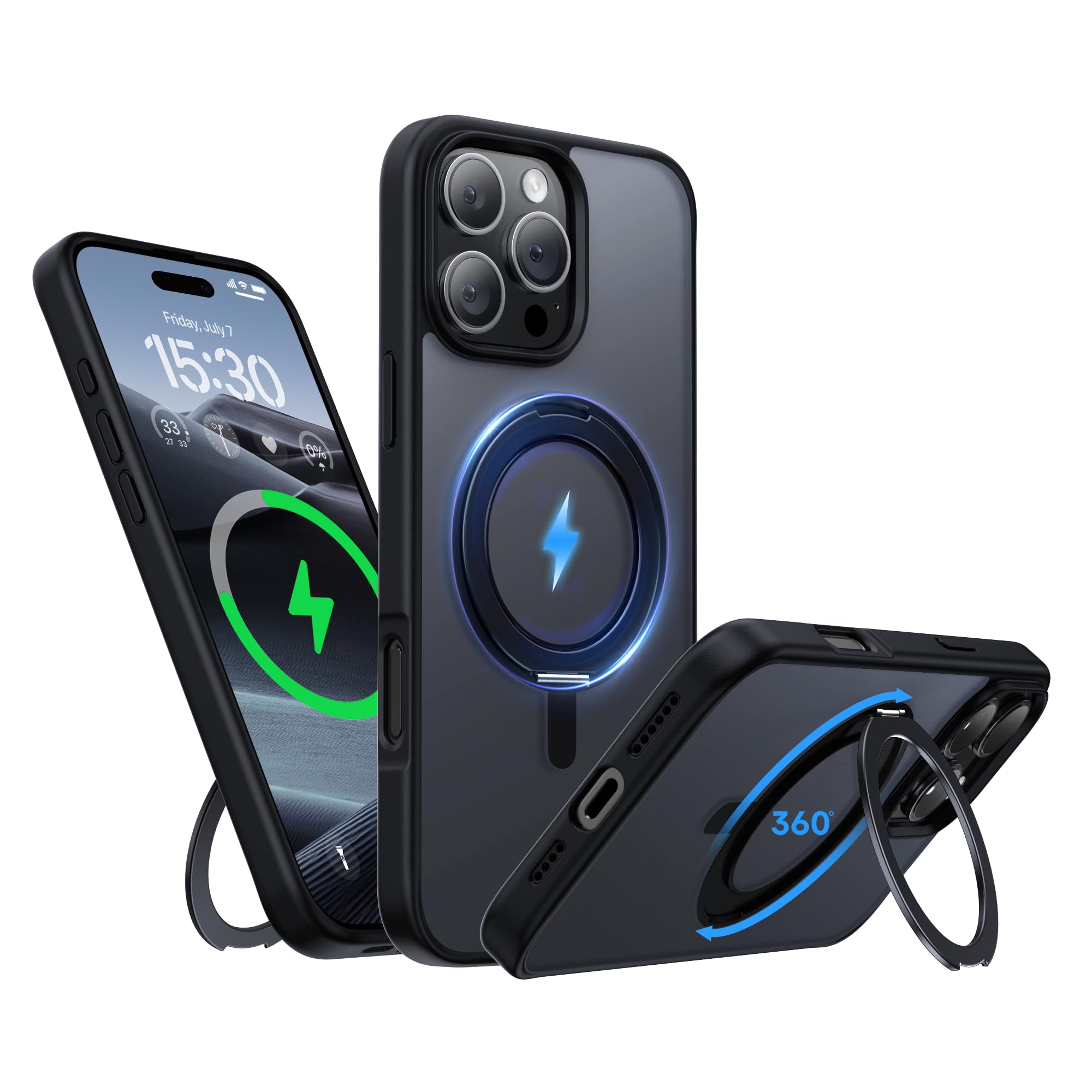 Niunisi Stand for iPhone 16 Pro Max Case, [Compatible with Mag Safe] 360° Rotatable Ring Holder Kickstand Military Shockproof Protective Case for iPhone 16 Pro Max 6.9 Inch, Black