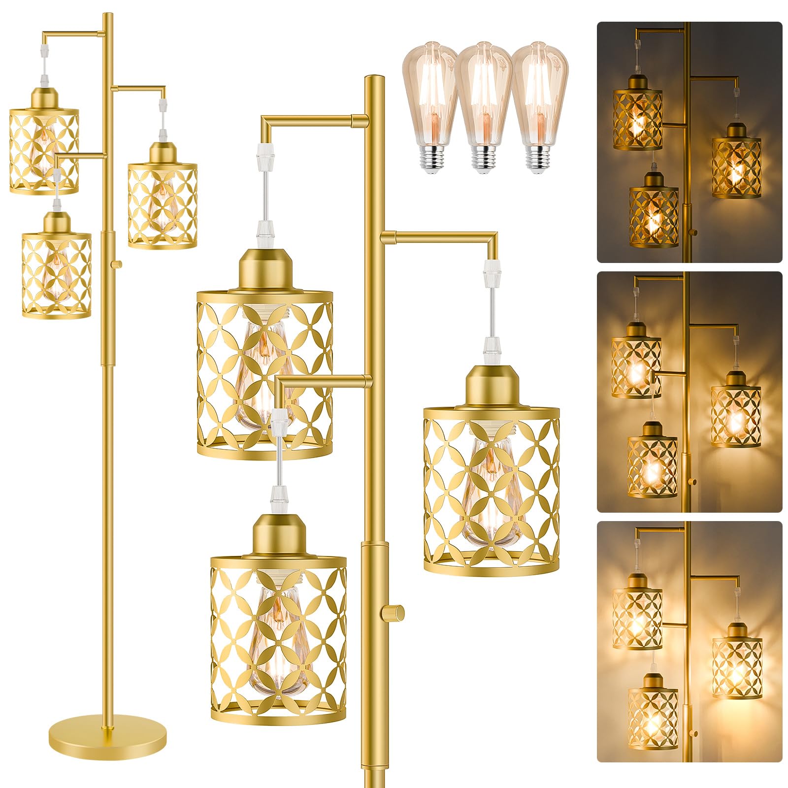 Photo 1 of ?Upgraded?72" Tall Dimmable Floor Lamp, Modern Standing Lamp with Elegant Metal Cages, Industrial Tree Floor Lamps for Living Room, Bedroom, Study Room, Office (3 x 800LM LED Bulbs Included) - Gold