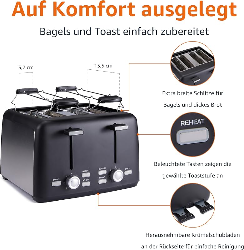 4-Scheiben Toaster mit 7 Bräunungsstufen, Extra Breite Schlitze, Brötchenaufsatz, Herausnehmbare Krümelschublade, 1500W, Schwarz