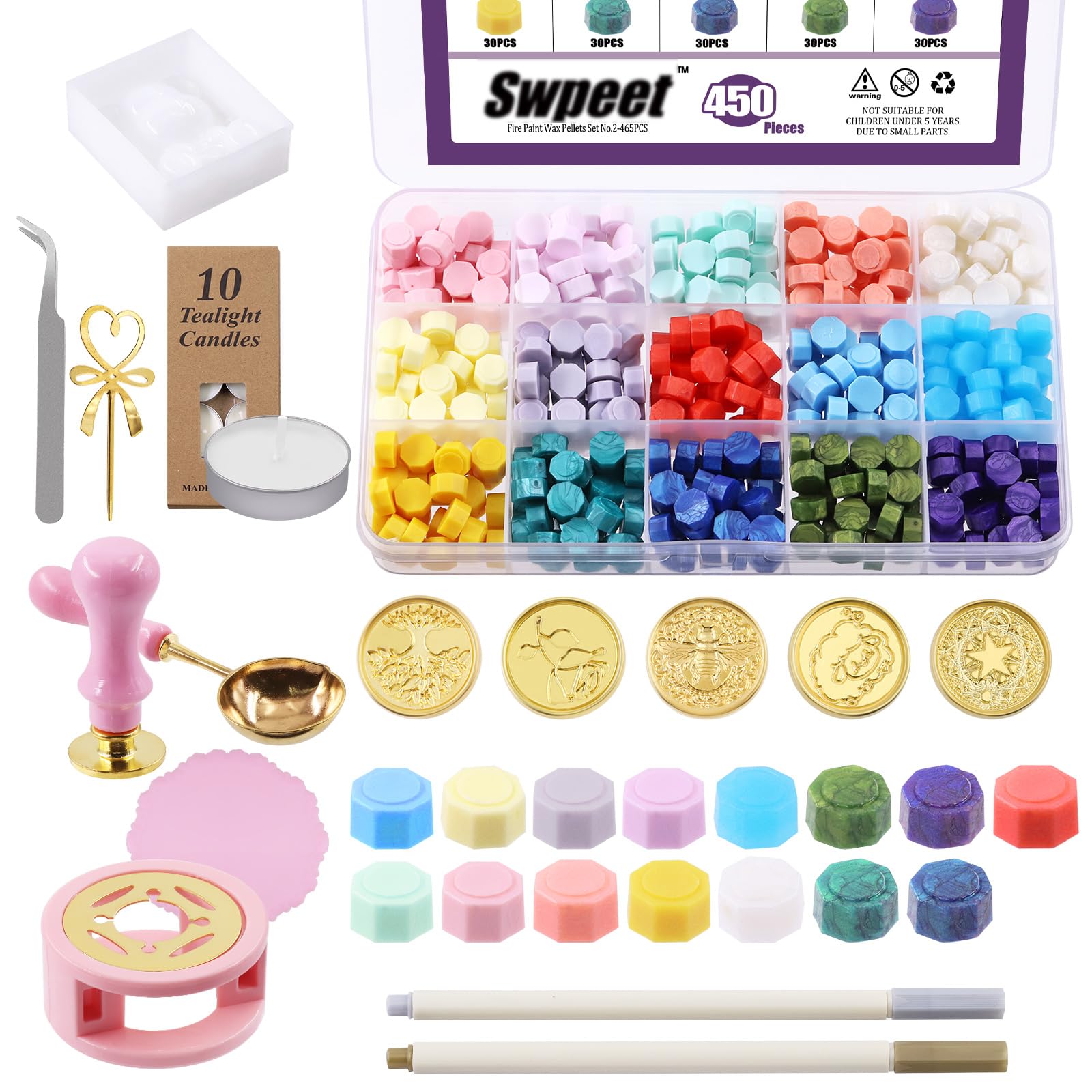 Swpeet 465Pcs Wax Seal Stamp Kit - Vintage Envelopes and Tealight Candles for Envelopes Letter Sealing, Invitation Cards