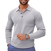 Runcati Mens Long Sleeve Polo Sweater Knit Polos V Neck Casual Dress Button Collared Pullover Sweaters