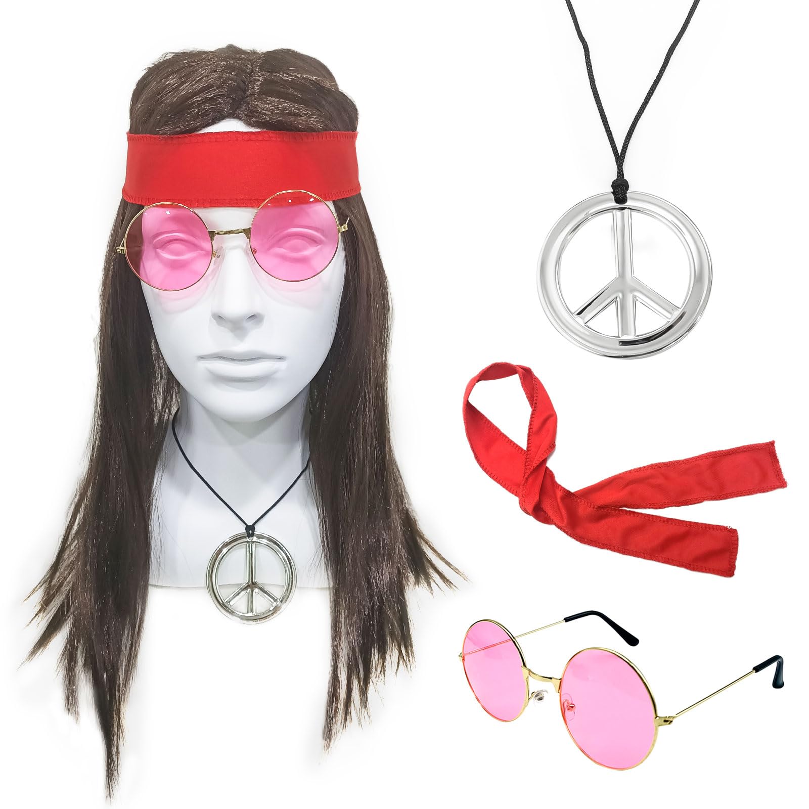 SKHAOVS Hippie Costume Set 4 Pieces – Brown Wig for Men 60s/70s/80s, Sunglasses, Bandana, Necklace – Accessories for Halloween and Disco Parties