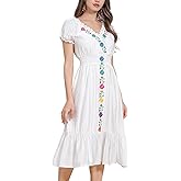 ABEWIP Women Mexican Dress V Neck Floral Embroidery Ruffle Dress Short Puff Sleeve Spring Summer Cinco De Mayo Party Dresses
