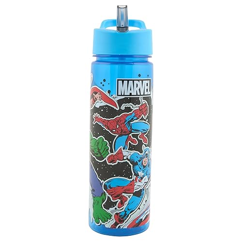 Marvel Avengers Water Bottle with Straw – Reusable Kids 600ml PP – in Blue – Official Merchandise by Polar Gear – BPA Free & Recyclable Plastic – for School Nursery Sports Picnic, Multi Colour