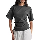 Women Pleated Waist Tee - Cinched Waist Slimming T Shirt Flattering Business Casual Tops, Tummy Hiding Work Blouse