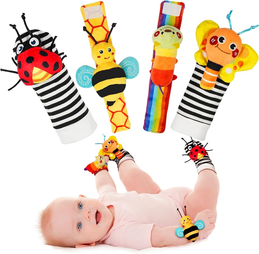 Infinno Wrist Rattles and Foot Finder Socks Set, Baby Toys for 0-12 Months | Soft crinkle textures, encourages reaching and k