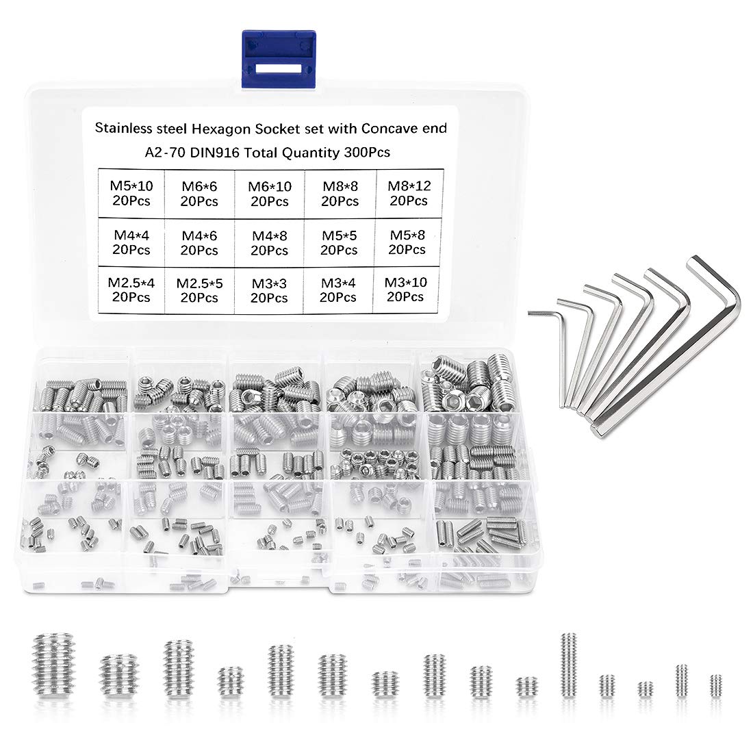 peinat 300 Pieces Hexagonal Headless Screws M2.5 M3 M4 M5 M6 M8 Six Sided Hollow Socket Screws Allen Head Stainless Steel Screws with Small Allen Key for Door Handles, Supports, Buttons, etc.