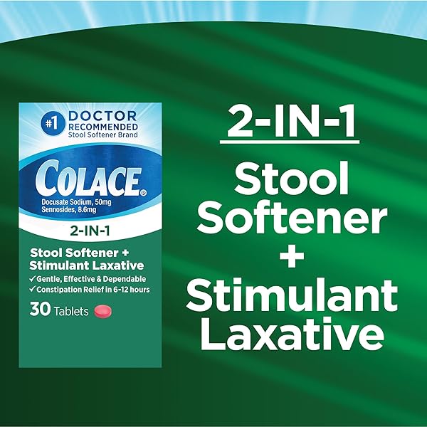 COLACE 2-IN-1 STOOL SOFTENER & STIMULANT LAXATIVE TABLETS, GENTLE CONSTIPATION RELIEF IN 6-12 HOURS, 30 COUNT
