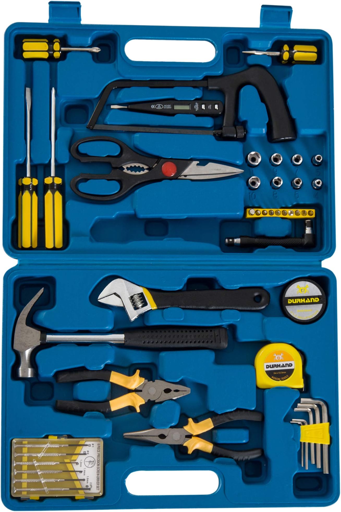 DURHAND 44 Pcs Mechanic Automotive Tool Box Kit Case Home Garage Vehicle Pliers Repair Maintenance Socket Blue