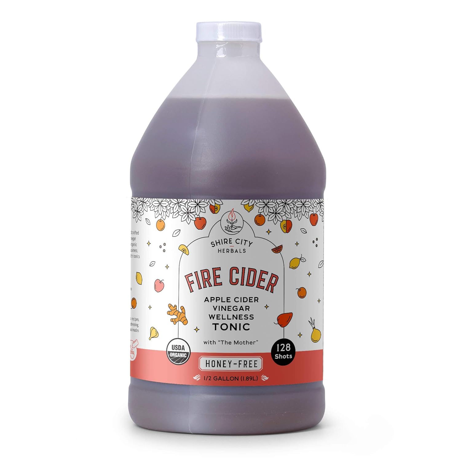 Fire Cider, Tonic, 64 oz (half gallon), Honey-Free flavor, Vegan, 128 Daily Shots, Apple Cider Vinegar, Whole, Raw, Organic, Not Heat Processed, Not Pasteurized, Not Diluted, Paleo, Keto, Whole 30.