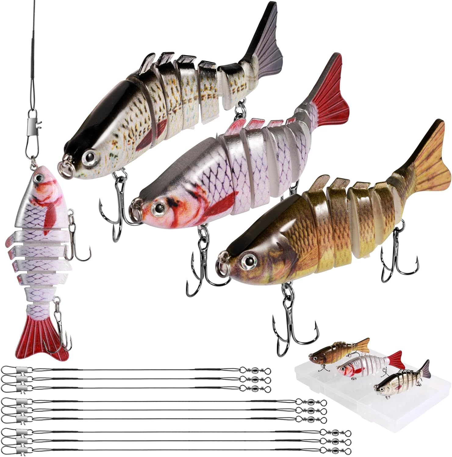 Annyswit 3 Pcs Multi Jointed Bass Pike Fishing Lures with 15cm&25cm&30cm Wire Traces & Storage Box Pike Lures Set 7 Segment 3D Artificial Fishing Tackle with Hooks Slow Sinking Lure with Wobbler