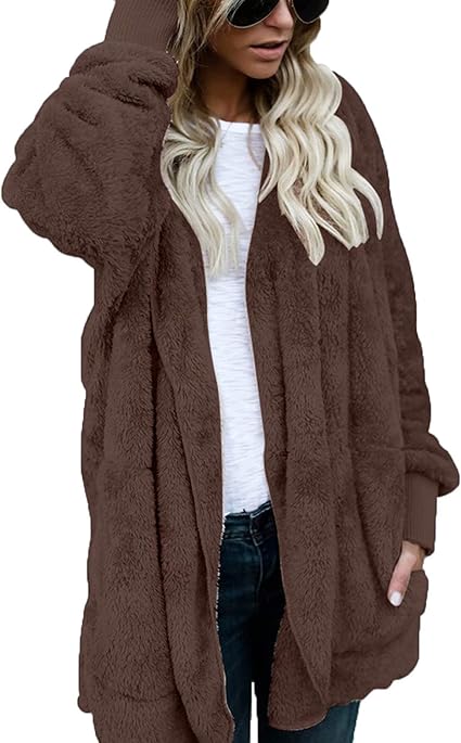 Womens Fuzzy Sherpa Fleece Cardigan Long Sleeve Knit Coat with Pocket Coffee XXL: Amazon.ca 