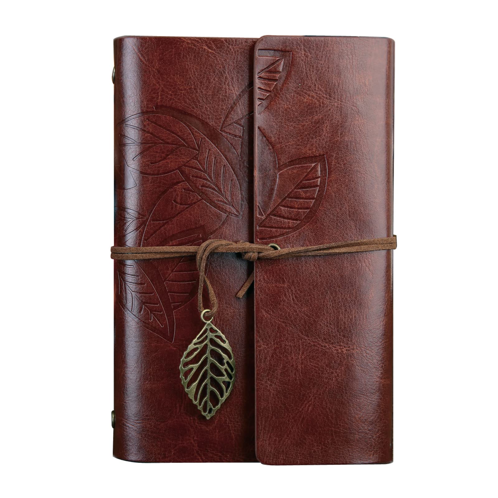 NectaRoy Vintage Retro PU Leather Cover Notebook Journal Diary, Leaf Pattern Spiral Blank String Daily Notepad, Kraft Paper, Retro Pendants, Classic Embossed, Loose Leaf