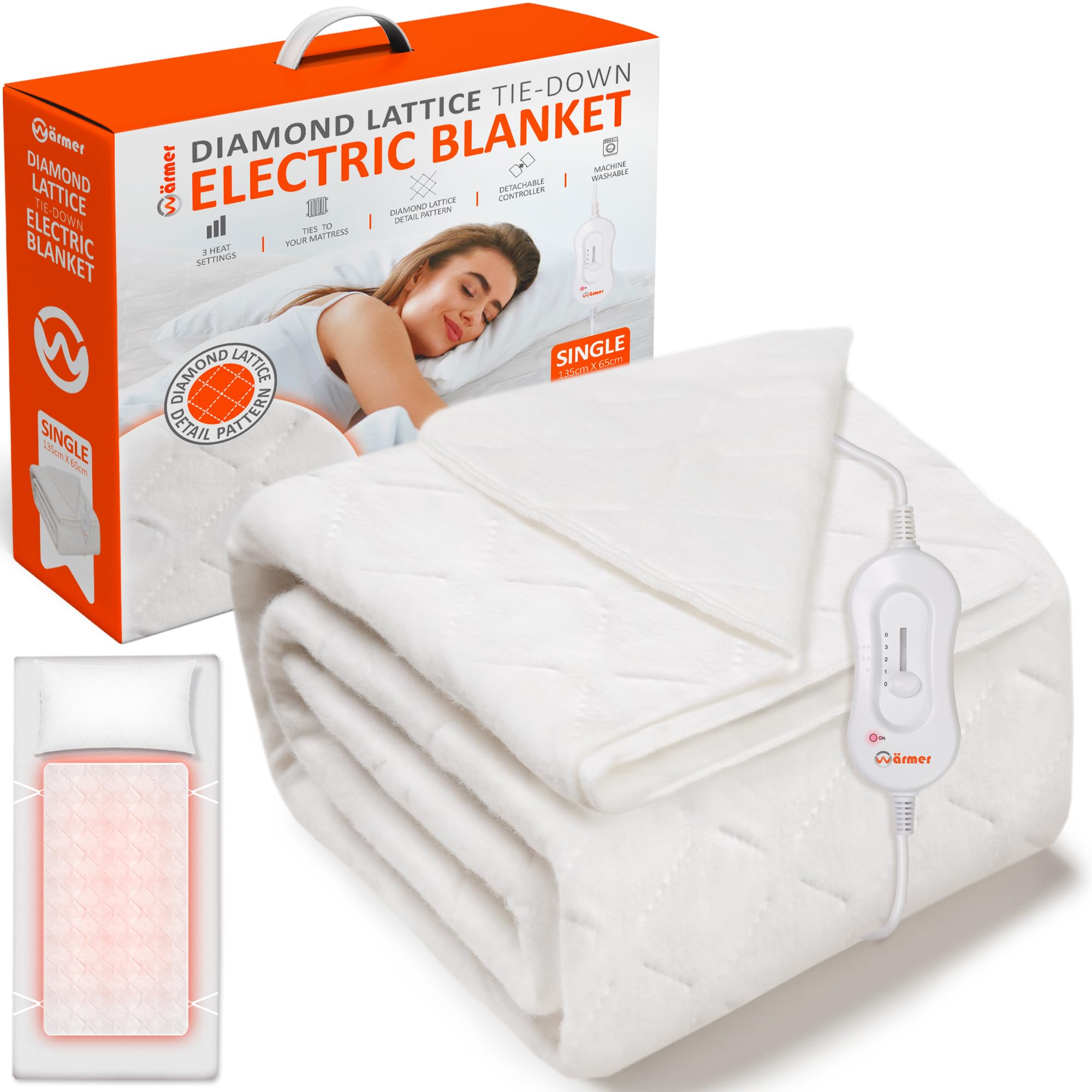Wärmer Single Electric Heated Blanket XL 135cm x 65cm- Control with 3 Heat Settings, Detachable Controller, Machine Washable Diamond Lattice Tie Down