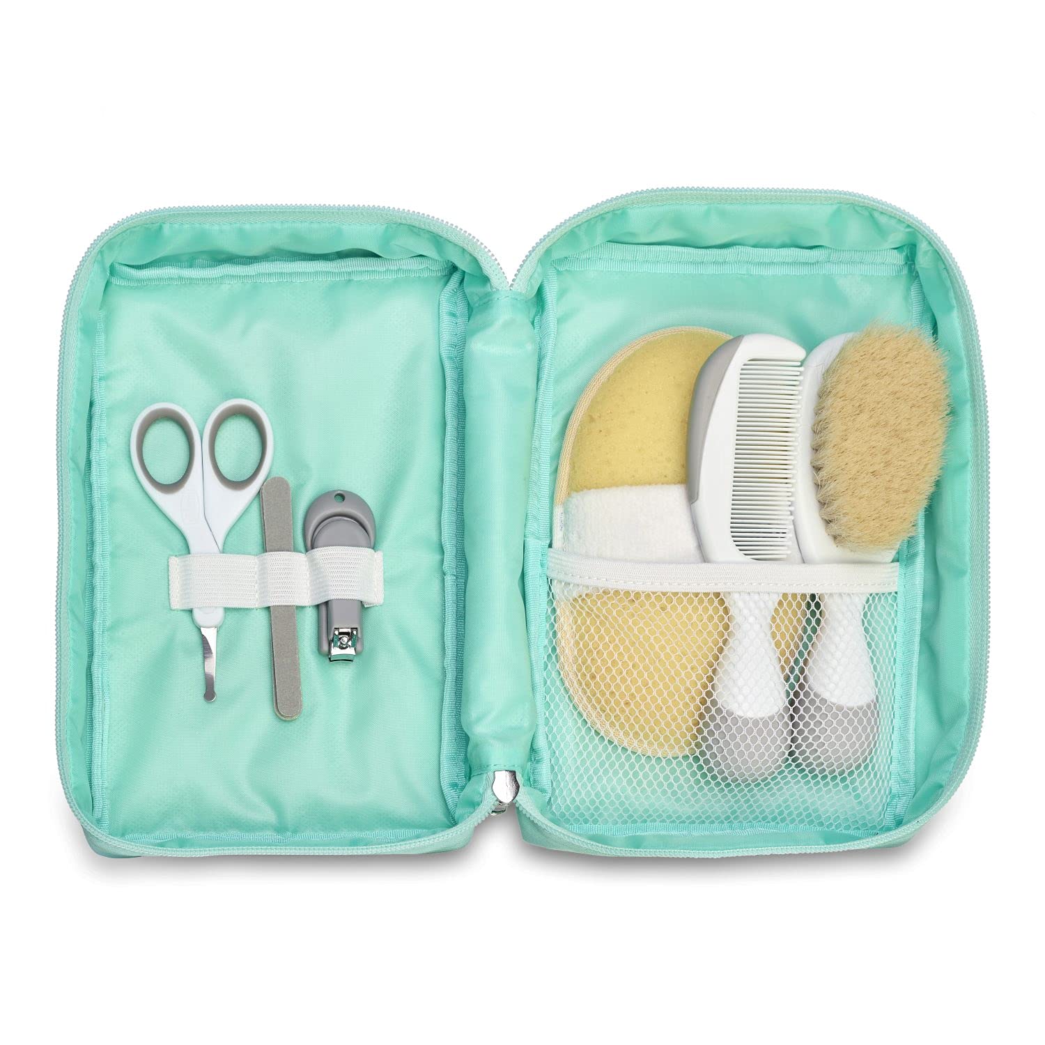 Chicco - Children's Hygiene Travel Set, 6 Pieces, Brush and Comb, Sponge Glove, Scissors with Rounded Tips, Nail Clippers and File