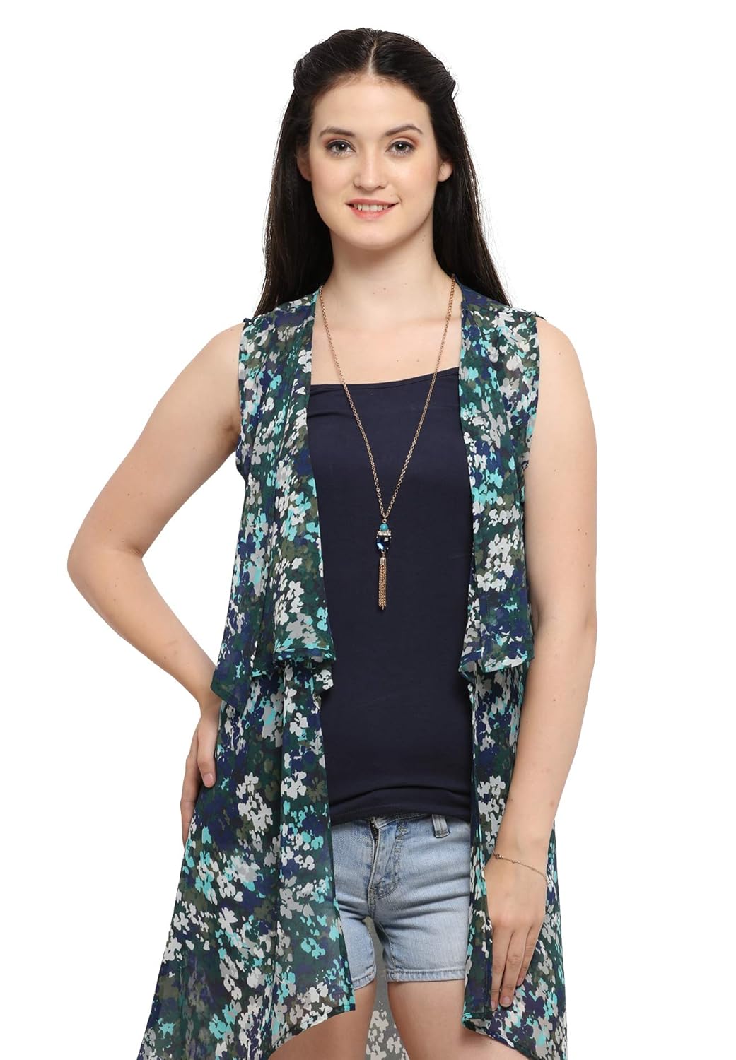 serein women's sky blue floral chiffon long shrug/jacket