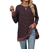 Vanfany Long Sleeve Shirts for Women Fall Fashion Crewneck Striped Tops Loose Fit Color Block Pullover Outfits