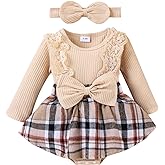 KAFIREN Baby Girl Clothes Fall Winter Outfit Plaid Romper Long Sleeve Dress Lace Ruffles Bodysuit with Bow Headband