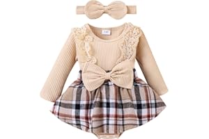 KAFIREN Baby Girl Clothes Fall Winter Outfit Plaid Romper Long Sleeve Dress Lace Ruffles Bodysuit with Bow Headband
