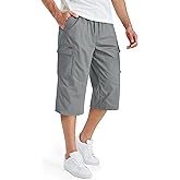 TACVASEN Men's Long Cargo Shorts Cotton Below Knee Capris with 6 Pockets Drawstring Elastic Waistband Capri Pants