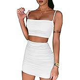 BEAGIMEG Women's Ruched Cami Crop Top Bodycon Skirt 2 Piece Outfits Dress