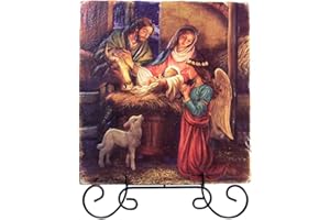 AVALON GALLERY Sacred Traditions Away in a Manger Christmas Nativity Tile Plaque with Wire Stand, 8 1/2 Inch,Red,12.0x9.0x 3.0,B3092