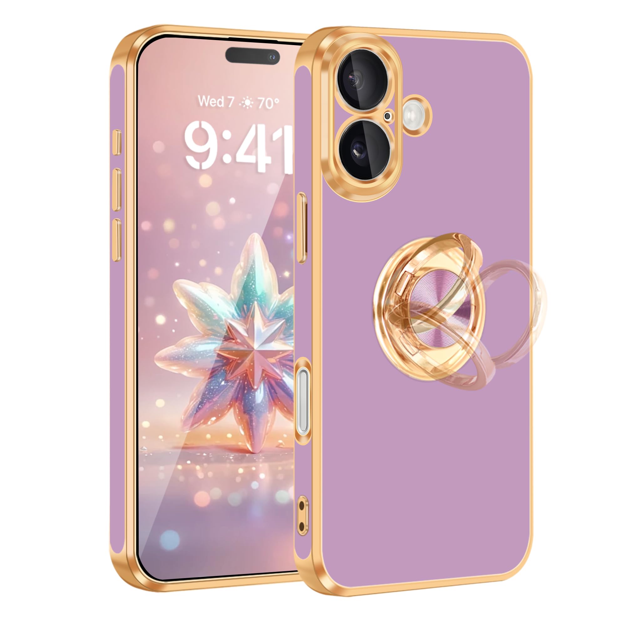 Fingic for iPhone 16 Case[with 360°Ring Holder][Support Magnetic Car Mount] Cute Kickstand Slim Women Girls Nonslip Hard PC Soft TPU Rugged Bumper Protective Case for iPhone 16,6.1" Purple