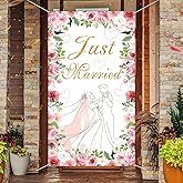 LOONELO Just Married Wedding Door Cover with 70.8''X35.4'', Floral Bridal Shower Hanging Banner Porch Sign for New Couple Wedding Ceremony, Engagement, Bachelorette Party Supplies