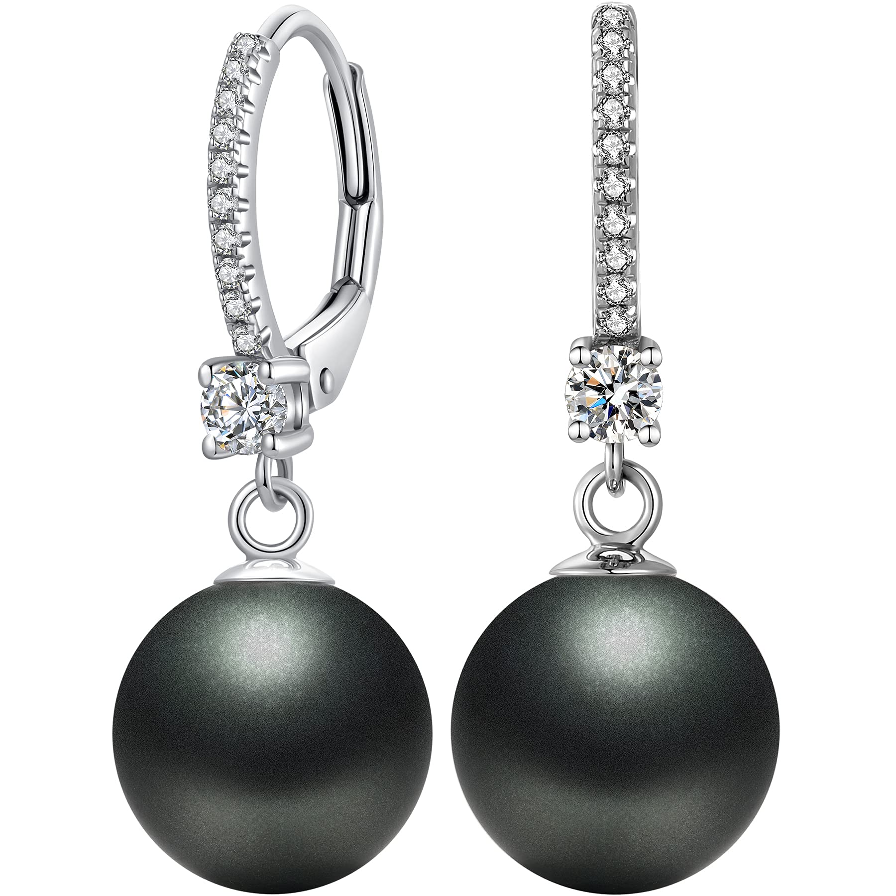 Sterling Silver Faux Pearl Dangle Drop Earrings - Unique Black Pearl Studs with Leverback Closure for Women