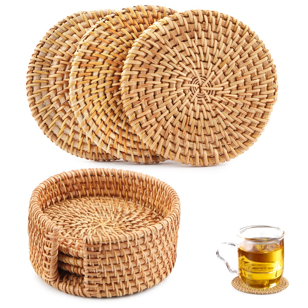 Rattan Coasters Set of 6pcs Handmade Woven Coasters with Holder, Round Natural Rattan Mats for Drinks Tea Cup Placemats Weave Mat Decorative Holder for Kitchen Table Drinks