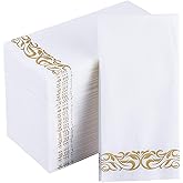 JOLLY CHEF 100 Disposable Hand Towels, Soft and Absorbent Linen Feel Dinner Napkin, Elegant Decorative Paper Guest Towels for Kitchen, Bathroom,Thanksgiving, Weddings,Parties, Gold and White