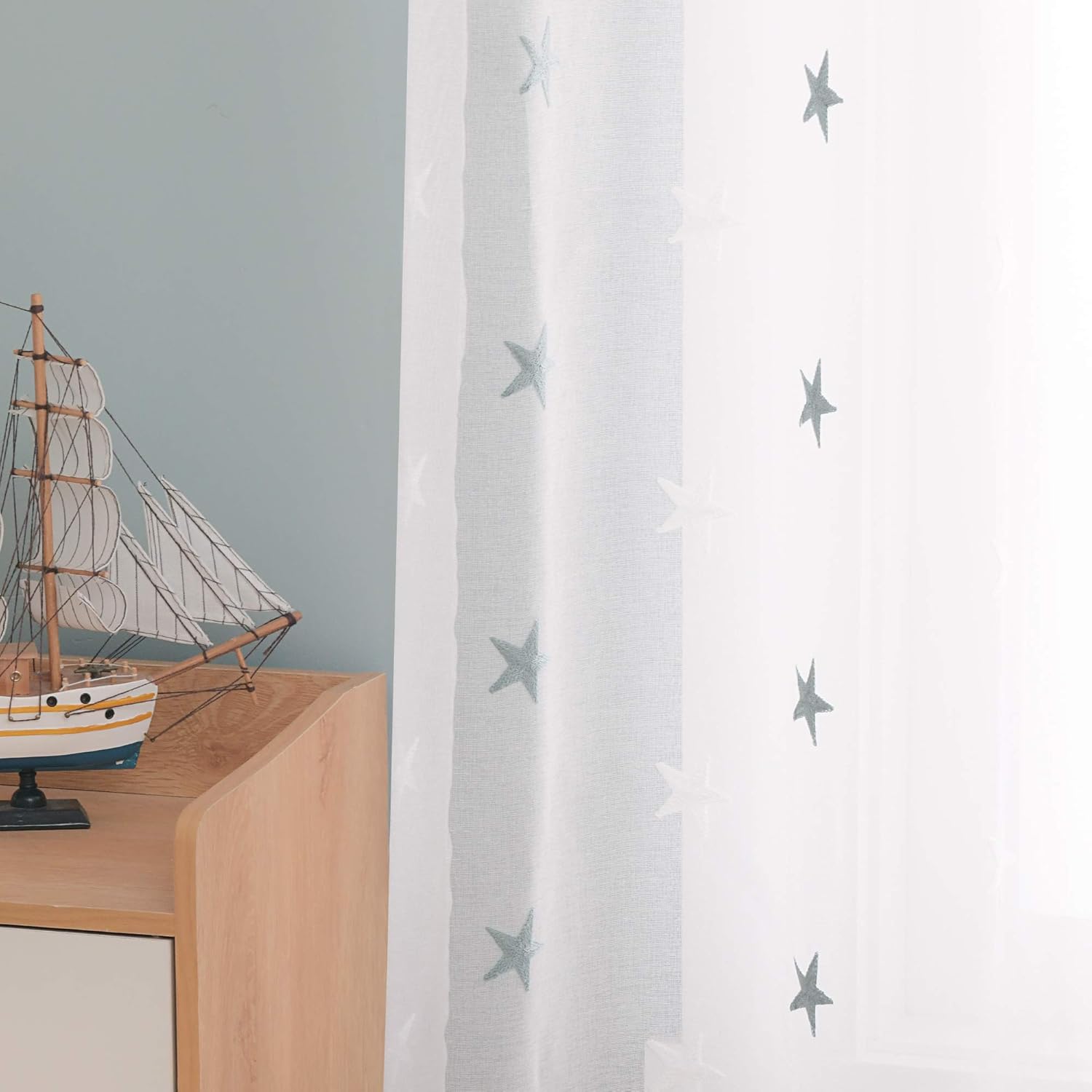 Deconovo Eyelet Faux Linen Net Curtains Embroidery Star Voile Curtains Super Soft Semi Sheer Curtains 55 x 71 Drop Inch Blue 1 Pair - Image 5
