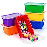 GAMENOTE 6 Quart Stackable Plastic Storage Bins with Lids, 6 Pack, Colorful | Stackable 6-quart bins with lids organize classroom supplies, crafts, toys and building blocks for Classroom &amp; Kids Toy