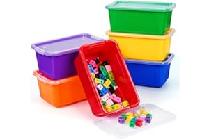 GAMENOTE Colored Plastic Storage Bins with Lids, Stackable Containers,Toy Storage Organizer - 5 Qt 6 Pack-Small Tubs,Tote Box for Classroom, Kids, Sorting (12×7.2×5.1 in)