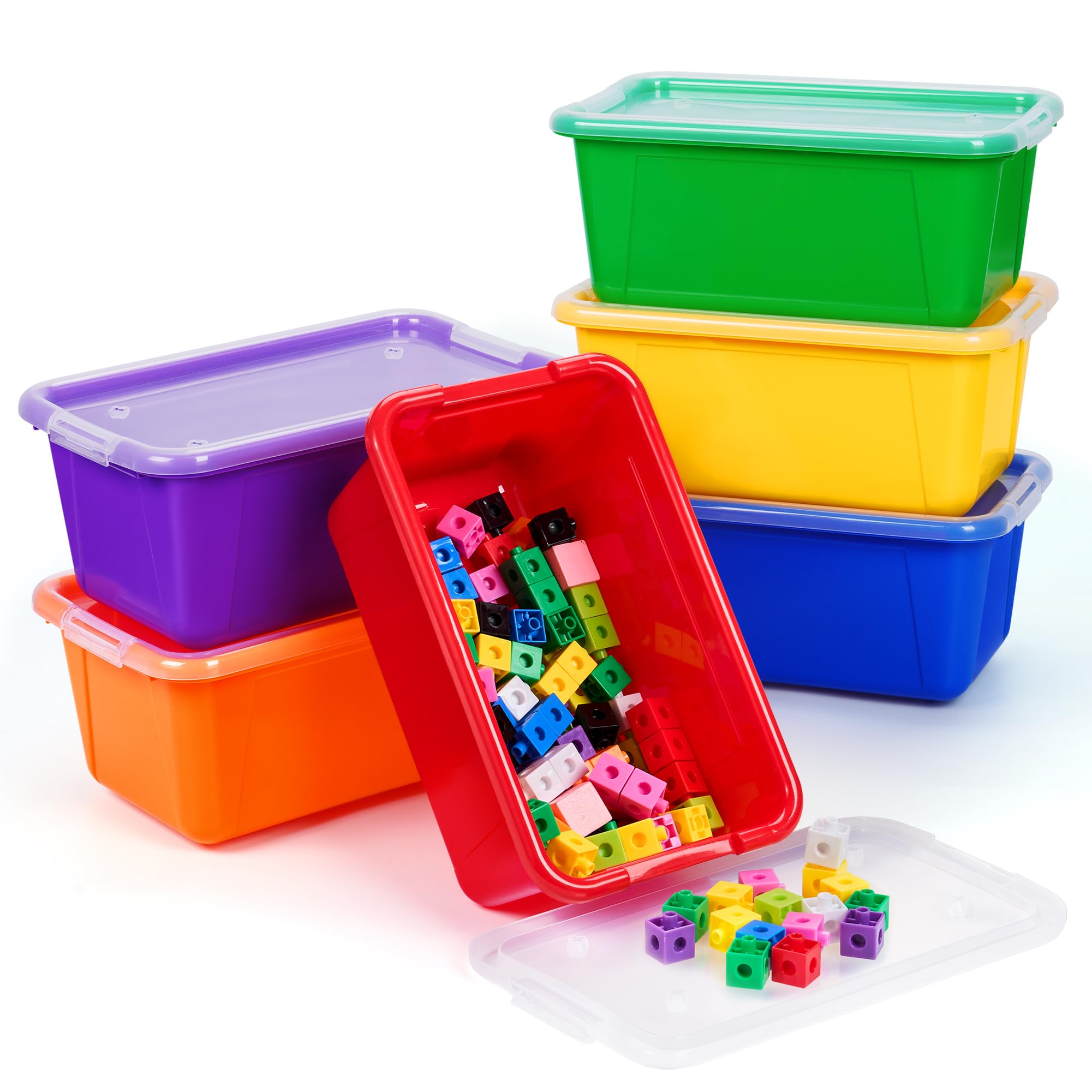Photo 1 of GAMENOTE Colored Plastic Storage Bins with Lids, Stackable Containers,Toy Storage Organizer - 5 Qt 6 Pack-Small Tubs,Tote Box for Classroom, Kids, Sorting (12×7.2×5.1 in)