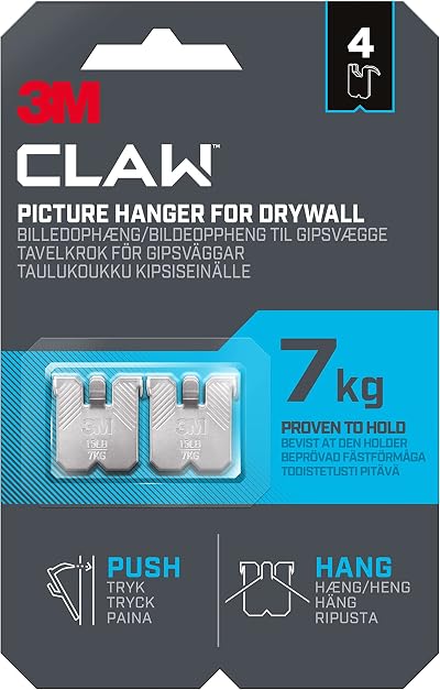 3M CLAW Plasterboard Picture Hanger 4 Hangers Holds Up To 7 kg