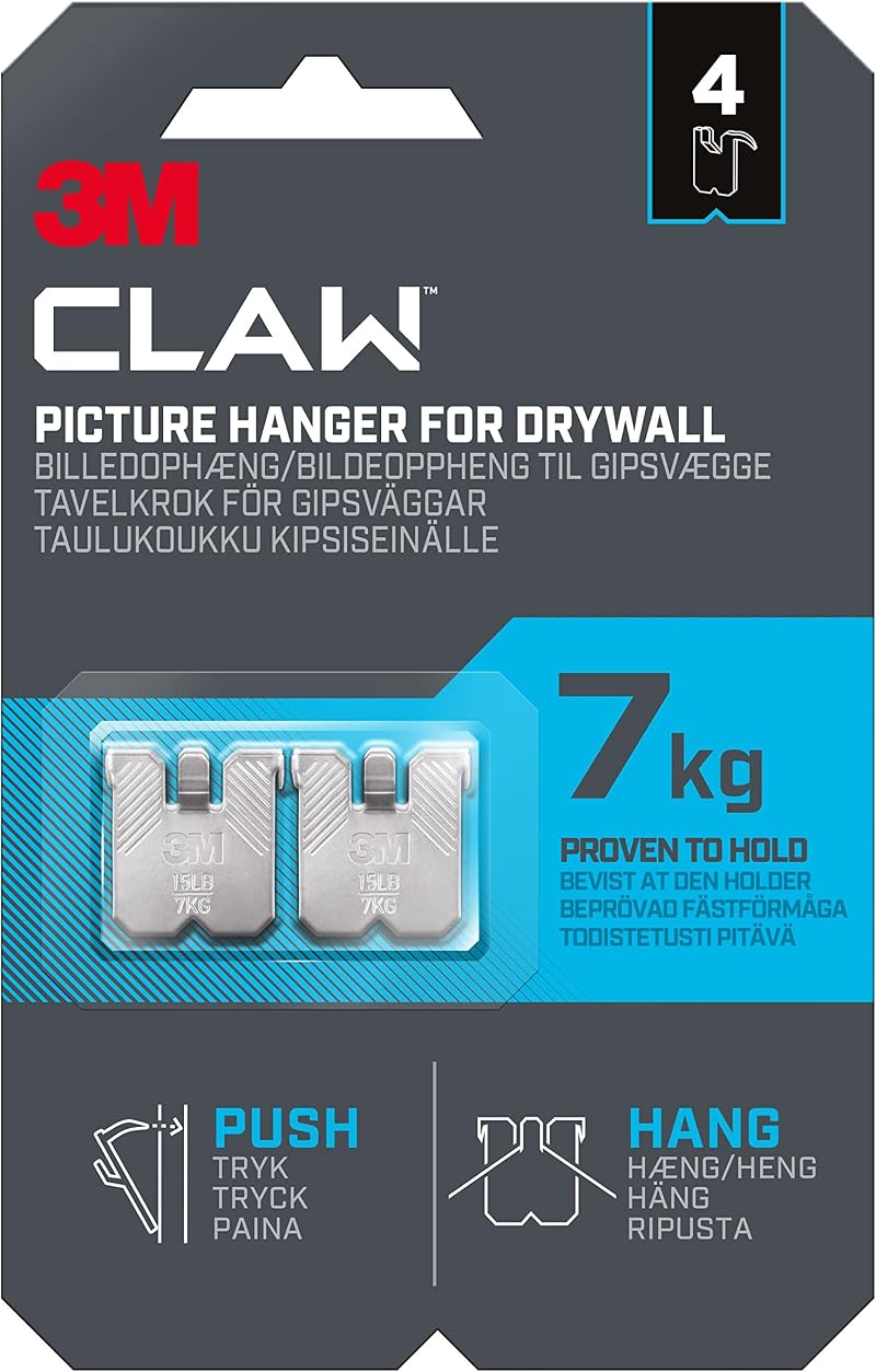 3M CLAW Plasterboard Picture Hanger 4 Hangers Holds Up To 7 kg