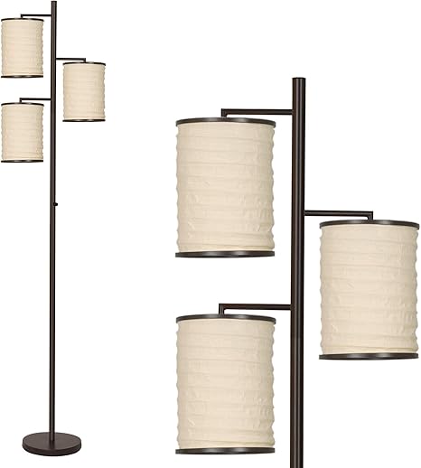 Revel Haru 74 Modern Asian 3 Light Tree Floor Lamp Lantern Style Beige Fabric Shades Bronze Finish