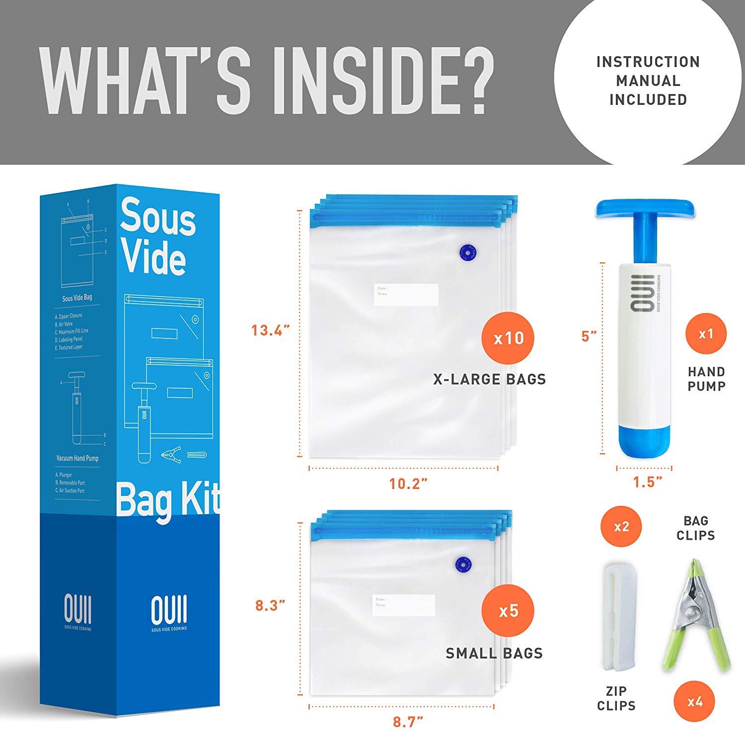 Sous Vide Bags for Joule and Anova Cookers - 15 Reusable BPA-Free Sous Vide Bags with Vacuum Hand Pump in Various Sizes -Vacuum Sealer Bags Food Storage Freezer Safe - Fits Any Sous Vide Machine