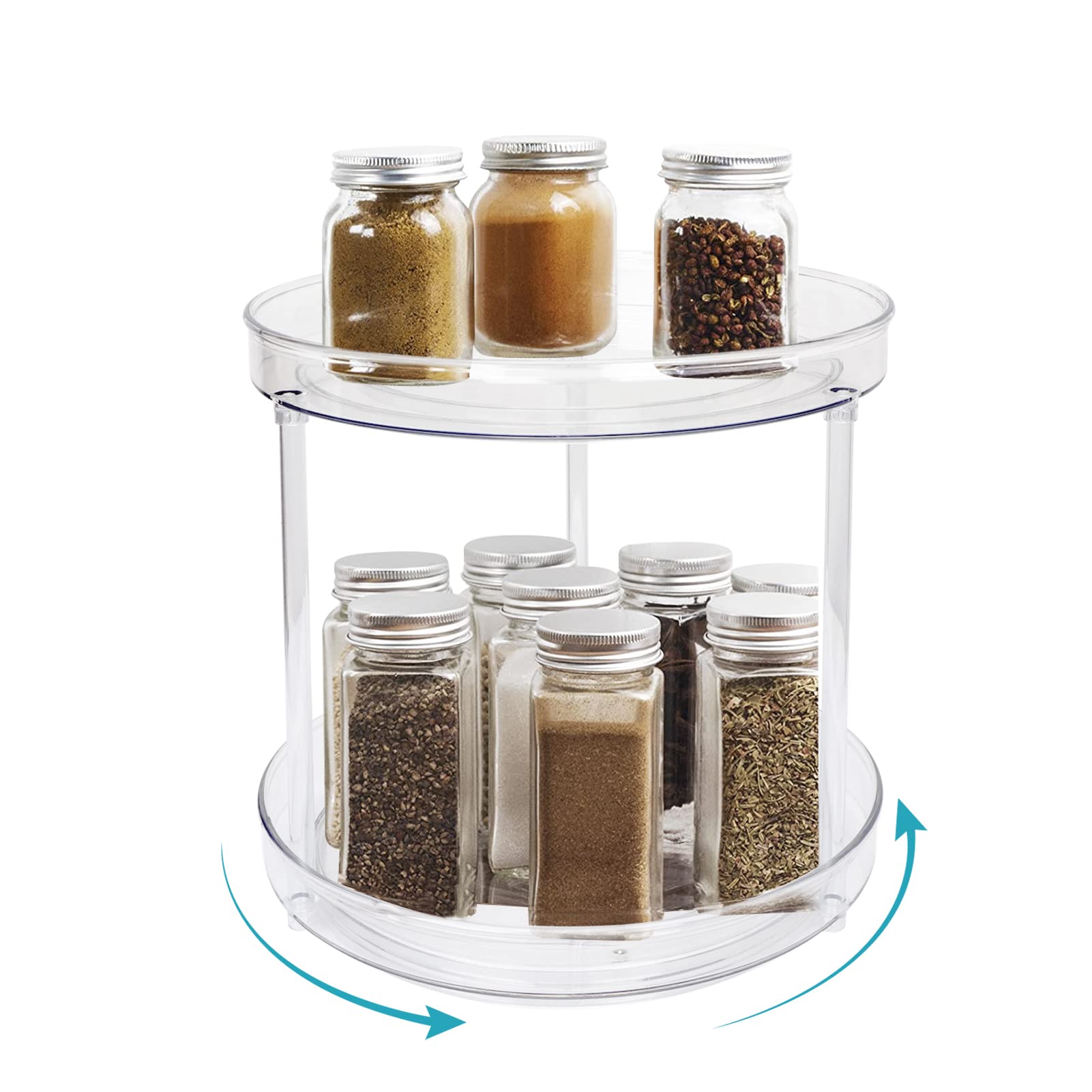 WWW Lazy Susan Turntable Spice Rack, 2-Tier Plastic Cupboard Organiser, Rotating Lazy Susan Fridge Organiser Holder for Kitchen and Pantry Storage Rack for Spice Jars, Snacks, Drinks, Make up